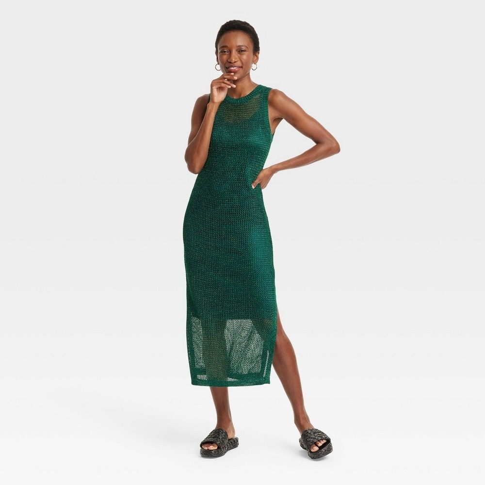 Women's Openwork Midi Tank Dress - a New Day™ Green L